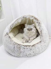 1入組長毛絨半封閉貝殼形寵物床墊,適合2-9公斤的貓和狗冬天睡覺使用 - 棕色 - 查看 1