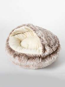 1入組長毛絨半封閉貝殼形寵物床墊,適合2-9公斤的貓和狗冬天睡覺使用 - 棕色 - 查看 8