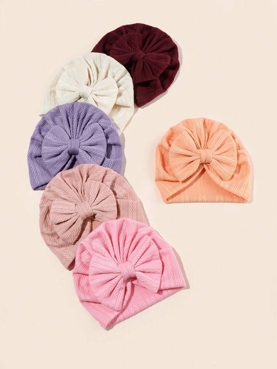 6入組1-6個月嬰兒提花編織小毛帽,帶蝴蝶結裝飾,適用於四季 - 彩色 - 查看 1