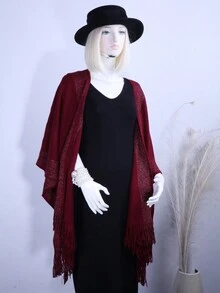 1入組女性萬用針織＆閃亮絲綢裝飾開衩披肩,四季適用 - 綠色 - 查看 6