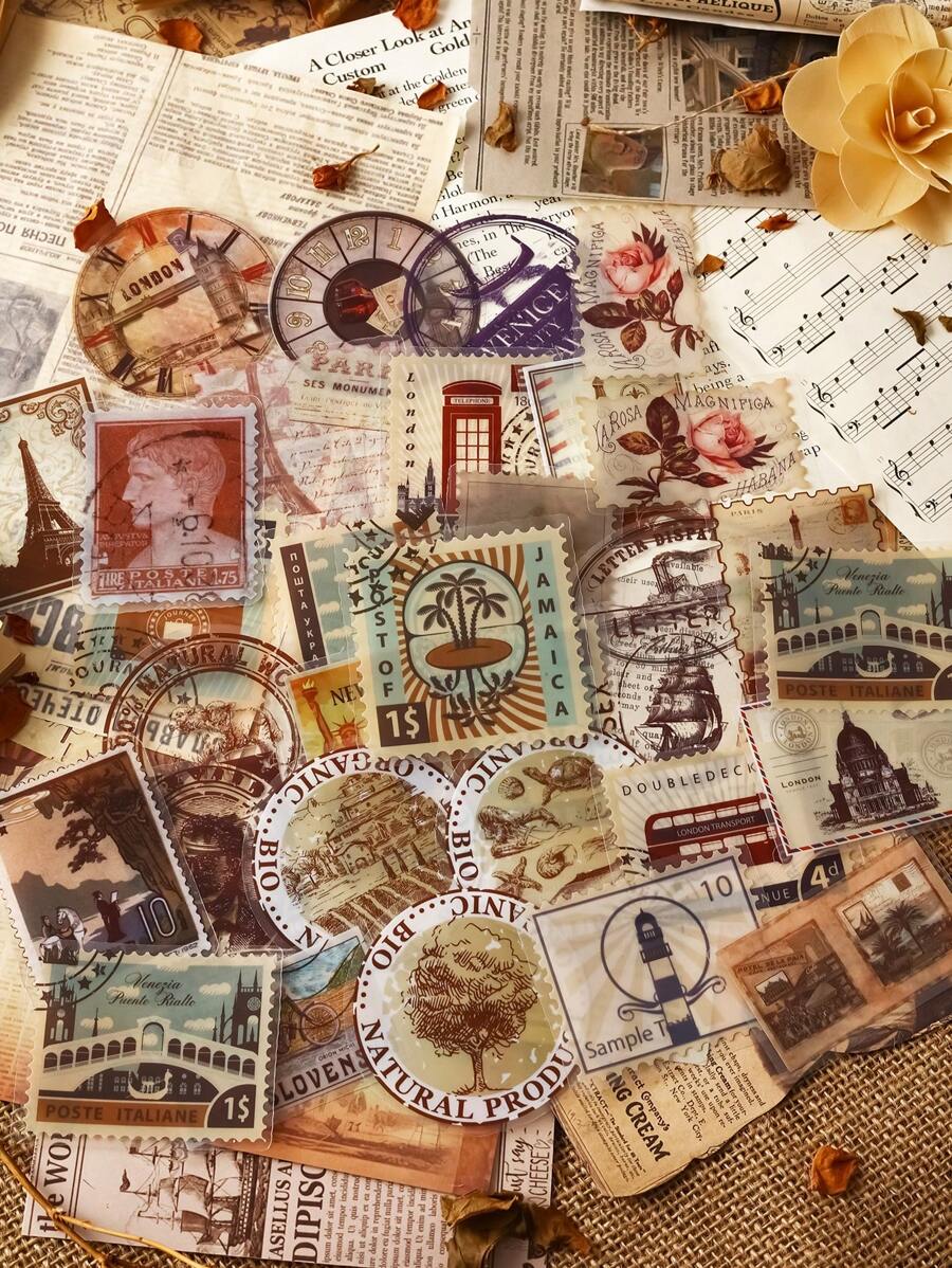 60入組多色建築和風景圖案pvc貼紙,旅遊信件收集,適用於手工藝品相冊日記裝飾 - 彩色 - 查看 1