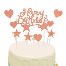 11 件玫瑰金生日快樂蛋糕裝飾,帶有英文字母、閃閃發光的金色金屬絲、心形和五角星形紙板 - 粉色 - 查看 5