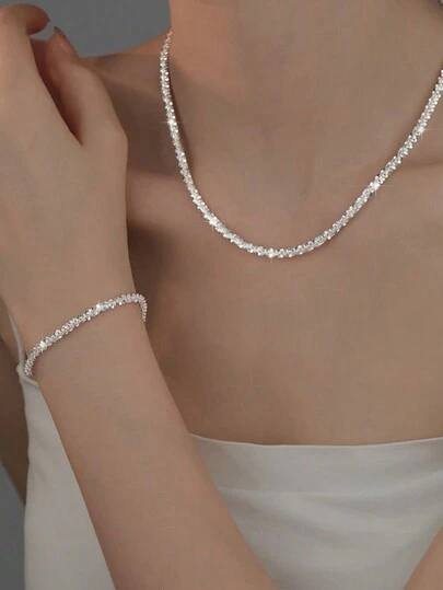 ESBERRY 2pcs/Set Sparkle Bracelet Necklace Jewelry Sets For Women S925 Sterling Silver Valentine's Day Glamorous Fine Ladies Sets Gift Valentines