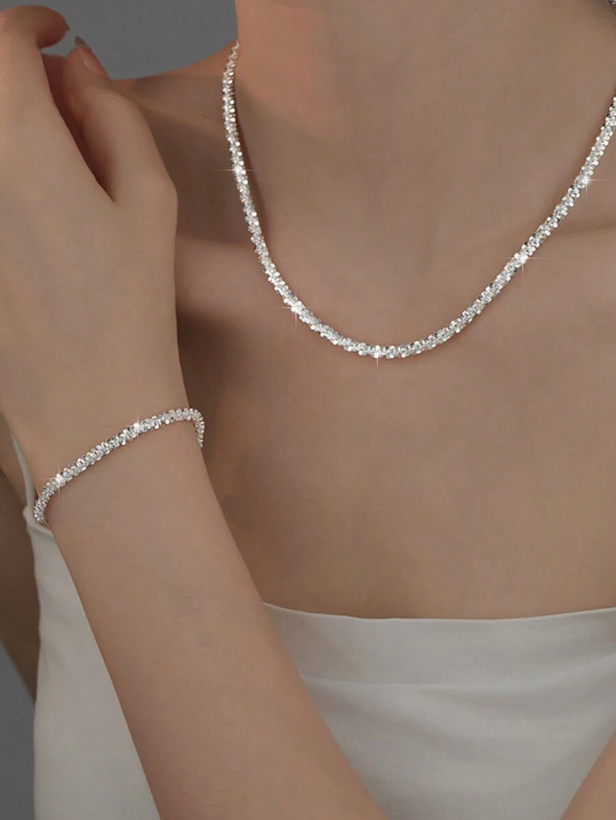 ESBERRY 2入組/套閃耀手環項鍊珠寶套裝適合女士S925純銀情人節魅力四射精細女士們套裝禮品 - 銀色 - 查看 1