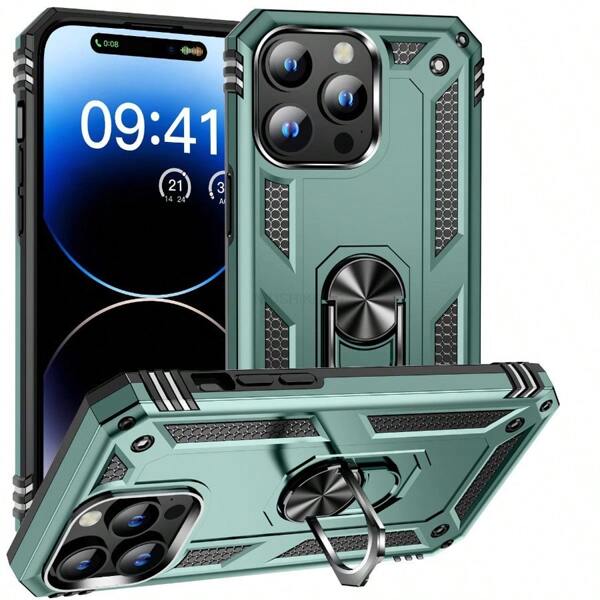 Funda de teléfono resistente a los golpes estilo armadura compatible con iPhone, Samsung, Redmi con soporte para dedo, anillo magnético y cobertura metálica