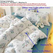 4pcs/Set Light Blue Floral Bedding Set (1pc Duvet Cover + 1pc Bed Sheet + 2pcs Pillow Shams), Excludes Filler