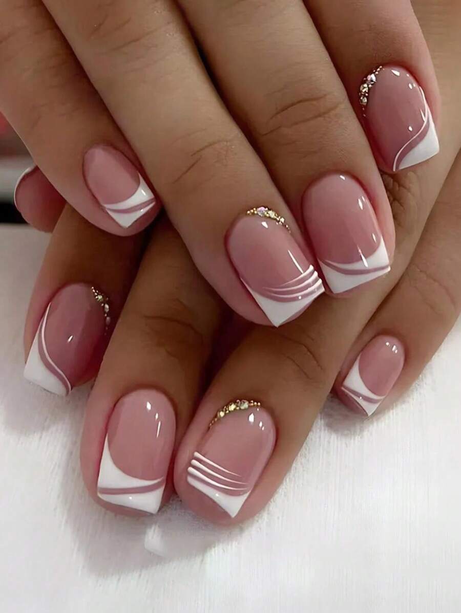 24-teiliger komplettes Set Kunstnägel, elegante rosa Farbverlauf Glitzer Französisch Acryl kurze Sarg-Press-On-Nägel mit 1 Jelly-Kleber-Blatt und 1 Nagelfeile Nagelzubehör