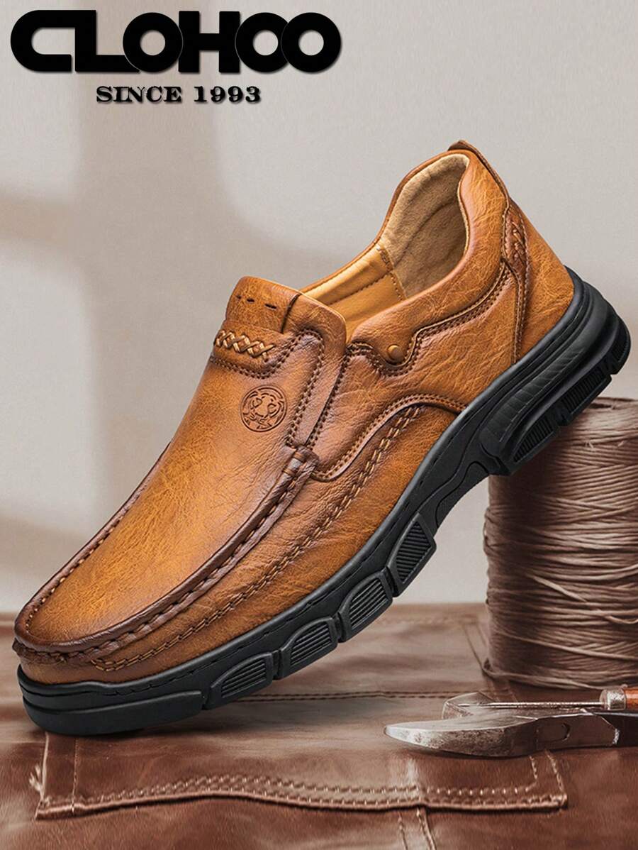 CLOHOO 手工鞋膠底厚底透氣休閒皮鞋男士樂福鞋經典手工縫製男鞋