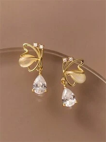 1對925純銀蝴蝶形貓眼＆cz釘式耳環（附禮盒）,適用於時尚,優雅的場合：約會,假期,派對,婚禮,旅行,日常穿搭。是女孩的理想禮物,適合送給女友,母親,老師,最好的朋友,同學等人 - 金黃色 - 查看 1