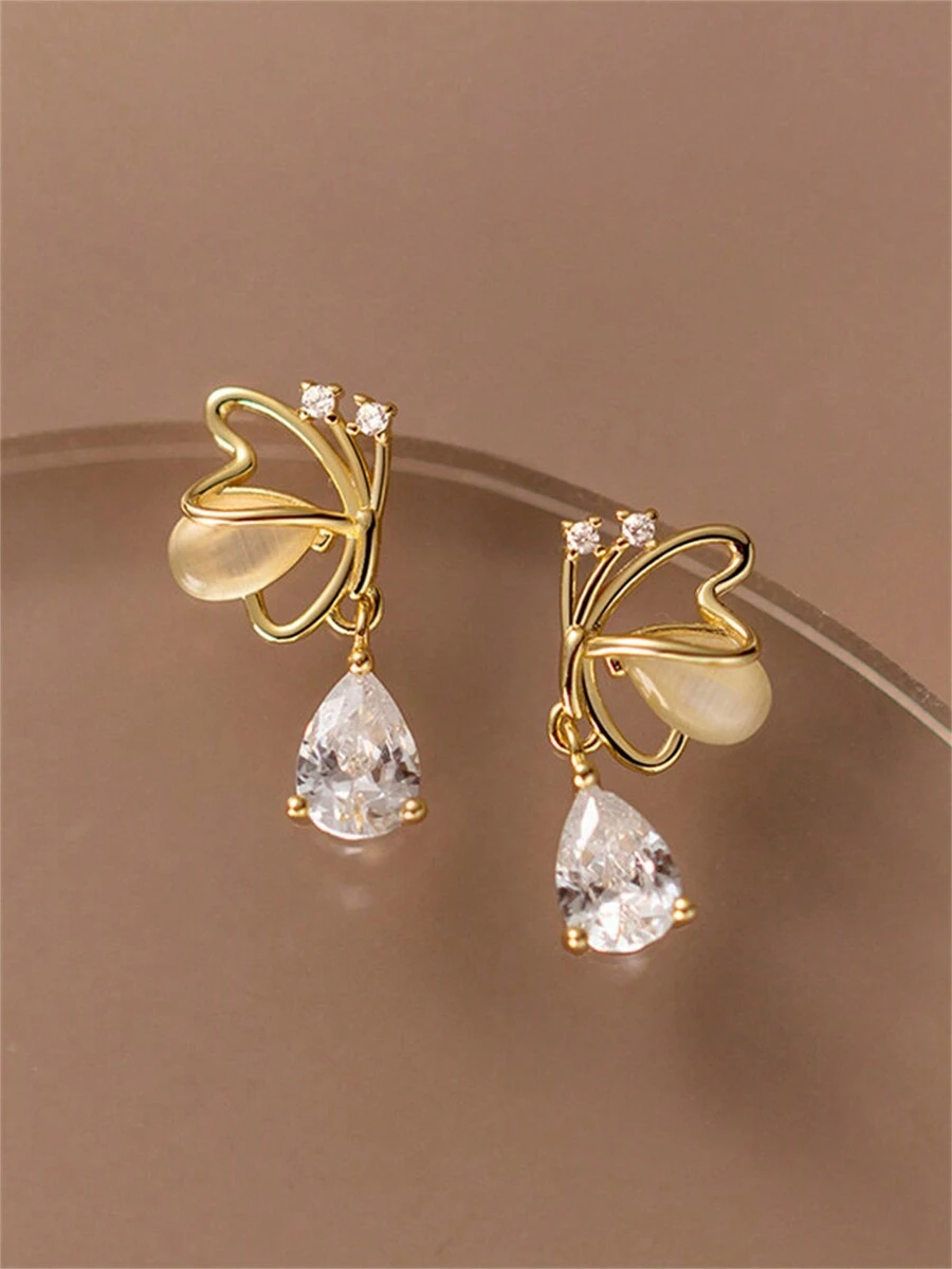 1對925純銀蝴蝶形貓眼＆cz釘式耳環（附禮盒）,適用於時尚,優雅的場合：約會,假期,派對,婚禮,旅行,日常穿搭。是女孩的理想禮物,適合送給女友,母親,老師,最好的朋友,同學等人 - 金黃色 - 查看 1
