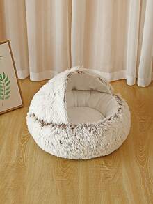 1入組長毛絨半封閉貝殼形寵物床墊,適合2-9公斤的貓和狗冬天睡覺使用 - 棕色 - 查看 7