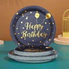84pcs Golden Birthday Party Supplies Set, Birthday-Stamped Disposable Dinner Plates, 7/9 Inch Deep Blue With Gold Birthday Party Plates, Golden-Stamped Disposable Paper Plates, Cups And Napkins, Suitable For Birthday Party Decorations