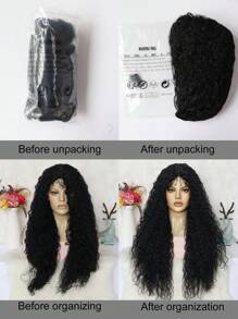 蕾丝前卷假发 13x4x1 T 部分高清透明蕾丝假发黑色蕾丝前部假发非洲卷曲合成假发，预先拔出婴儿头发自然发际线 150% 密度非洲卷曲蕾丝前部假发，戴上即可出门，无胶假发中分款式优质合成假发替换假发高温耐热纤维假发 30 英寸超长蕾丝假发（女士适用）和 1 件假发帽 - 黑色 - 查看 6