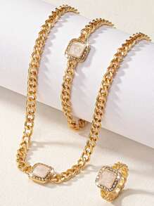 3pcs/Set Geometric Shape Women's Jewelry Set With Enamel Inlaid Diamond Necklace, Bracelet And Ring - White - View 2