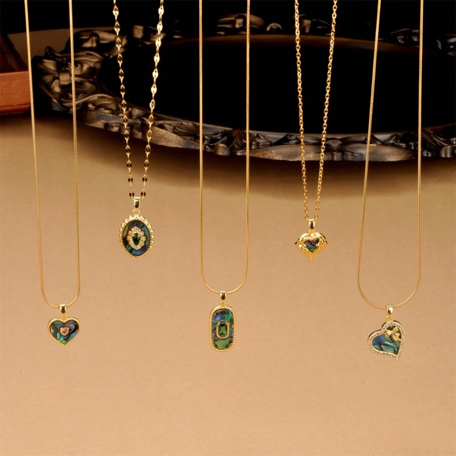 1 件時尚不銹鋼彩色貝殼裝飾橢圓形鑽石愛情吊墜鎖骨鍊毛衣鏈項鍊適合女士日常佩戴 - 金色 - 查看 1