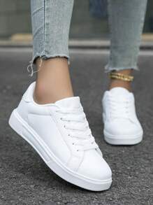Nuevas zapatillas deportivas de caña baja blancas para mujer, de primavera y otoño 2025, con suela gruesa, ligeras, transpirables y de estilo casual vulcanizado - Blanco - Ver 3