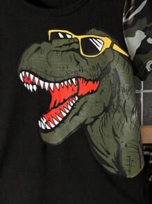 幼童恐龍印花迷彩拼接T恤短褲套裝，夏季