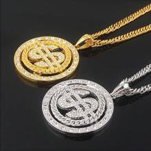 1pc European And American Style Creative Gold Plated Spinning Diamond Studded Usd Logo Pendant Necklace, Suitable For Everyday Wear - Gold - View 5