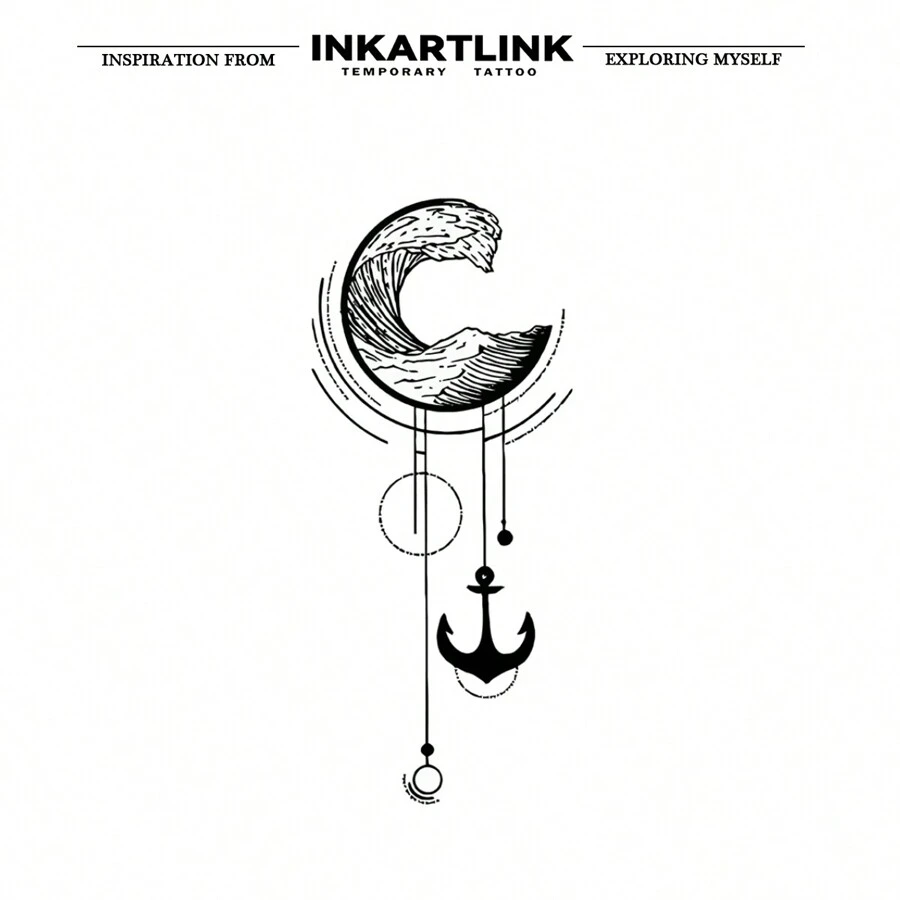 Inkartlink Wave,錨臨時紋身貼紙 - 紋身,持續 1-2 週,防水防擦,逼真假紋身 - 黑色 - 查看 1