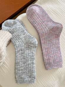 5雙秋冬季厚且保暖時尚百搭甜美柔軟親膚羊毛袜,顏色包括燕麥色、彩色圓點和條紋,適合女性膝上中筒袜 - 查看 3