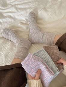 5雙秋冬季厚且保暖時尚百搭甜美柔軟親膚羊毛袜,顏色包括燕麥色、彩色圓點和條紋,適合女性膝上中筒袜 - 查看 6