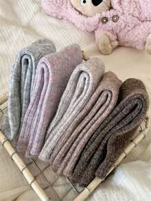 5雙秋冬季厚且保暖時尚百搭甜美柔軟親膚羊毛袜,顏色包括燕麥色、彩色圓點和條紋,適合女性膝上中筒袜 - 查看 1