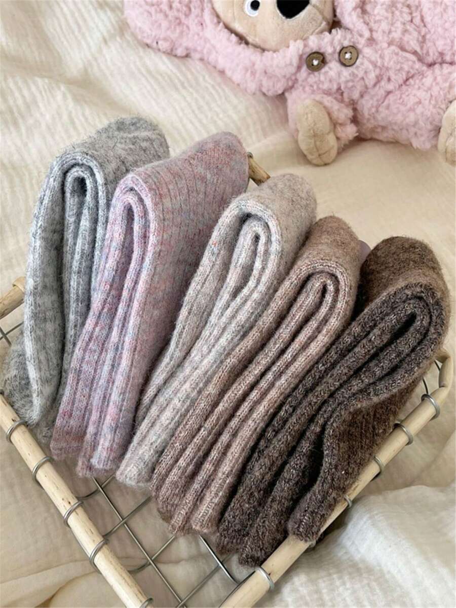 5雙秋冬季厚且保暖時尚百搭甜美柔軟親膚羊毛袜,顏色包括燕麥色、彩色圓點和條紋,適合女性膝上中筒袜 - 查看 1