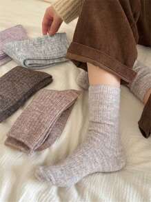 5雙秋冬季厚且保暖時尚百搭甜美柔軟親膚羊毛袜,顏色包括燕麥色、彩色圓點和條紋,適合女性膝上中筒袜 - 查看 10