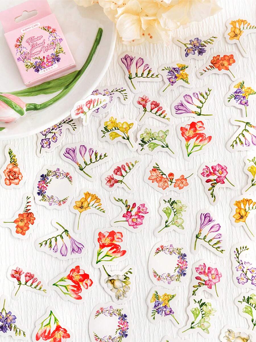1包（45片）花卉拼貼迷你貼紙,適用於手帳及信封封口裝飾 - 藕粉色 - 查看 1
