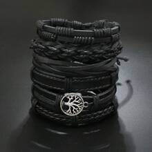 6 peças Vintage Handmade Trançado Paz Árvore Design Pulseira Conjunto, Homens Acessórios Presente