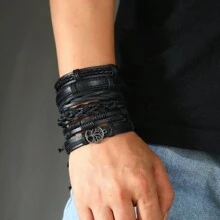 6 peças Vintage Handmade Trançado Paz Árvore Design Pulseira Conjunto, Homens Acessórios Presente