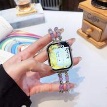 1 件錶帶相容於 Apple 49 毫米/45 毫米/41 毫米/42 毫米/44 毫米和華為錶帶 8/7/6/gt4/gt3,可調式玫瑰和寶石串珠手鍊 - 銀色 - 查看 4