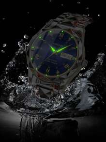 A Men's Gold Steel Band Calendar Week Waterproof Luminous Business Casual Quartz Watch Father