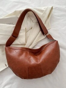 復古大容量手提包斜背包,pu 皮革純色肩背包,完美的腋下包,適合日常外出通勤 - 棕色 - 查看 5