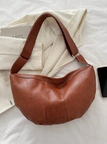 復古大容量手提包斜背包,pu 皮革純色肩背包,完美的腋下包,適合日常外出通勤 - 棕色 - 查看 6