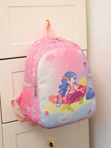 1pc Nylon Cartoon Dinosaur & Mermaid Pattern School Backpack With Zipper Closure, Lovely Daily Style Shoulder Bag For Boys And Girls, Daily Use - Pink - View 8