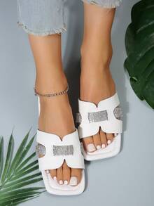 法式休閒平底女鞋,開槽舒適海灘涼鞋,鑲嵌空心水鑽時尚設計拖鞋,多色可選 - 白色 - 查看 3