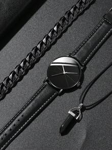 3 件装时尚商务圆形男士皮带石英手表带链条手链+项链组合套装作为学生返校礼物 - 黑色 - 查看 2