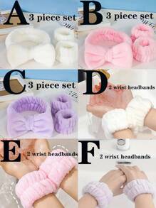 3入組 - 2入組臉部清潔頭帶,蝴蝶結頭帶和彈性頭帶和手帶,純色毛茸茸頭帶,毛絨別針,瑜珈頭帶,馬尾夾 - 彩色 - 查看 3