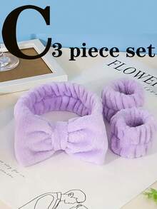 3入組 - 2入組臉部清潔頭帶,蝴蝶結頭帶和彈性頭帶和手帶,純色毛茸茸頭帶,毛絨別針,瑜珈頭帶,馬尾夾 - 彩色 - 查看 6