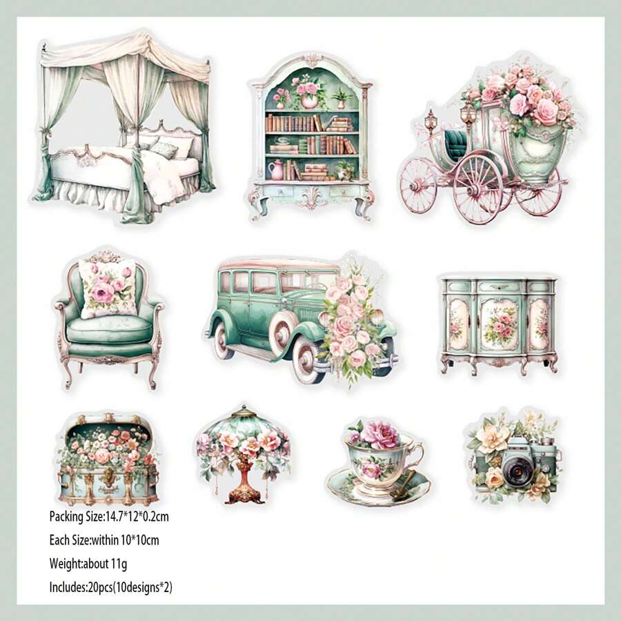 Yanji寵物貼紙包,每包20張,維多利亞戲劇系列,花朵圖案,適用於diy相簿和日記裝飾 - 綠色 - 查看 1