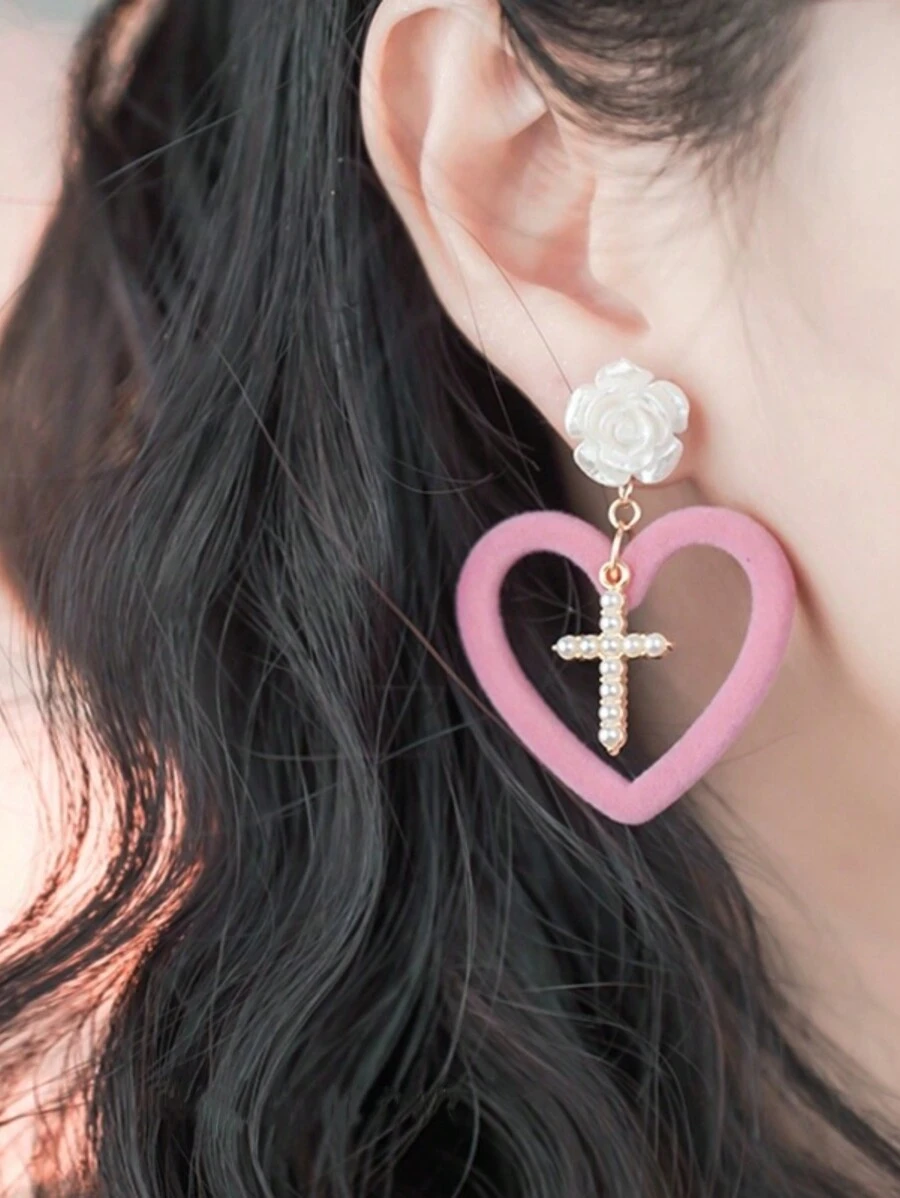 一對優雅的白色玫瑰珍珠十字繡愛心女式耳環 - 彩色 - 查看 1