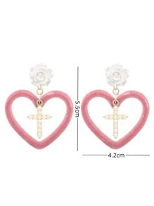 一對優雅的白色玫瑰珍珠十字繡愛心女式耳環 - 彩色 - 查看 6