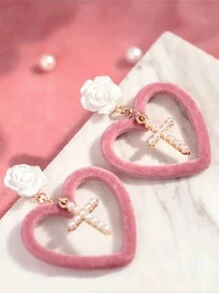 一對優雅的白色玫瑰珍珠十字繡愛心女式耳環 - 彩色 - 查看 4
