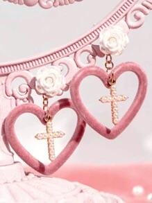 一對優雅的白色玫瑰珍珠十字繡愛心女式耳環 - 彩色 - 查看 3