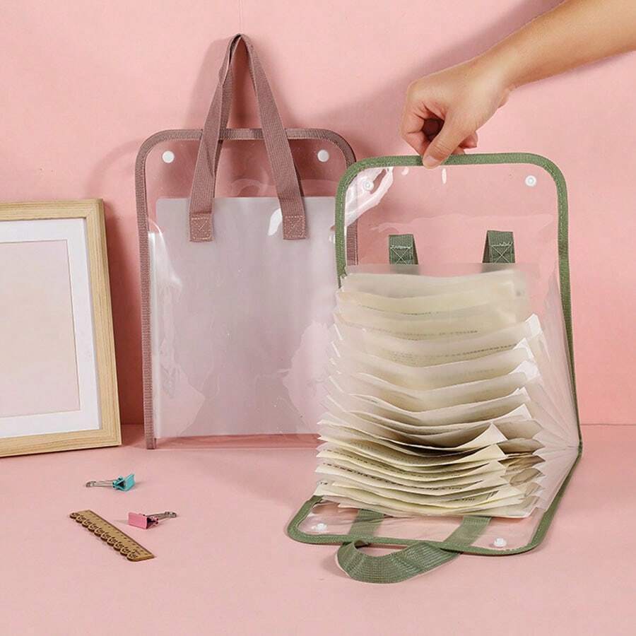 1pc Large Capacity Student Exam Papers Organizer Accordion File Folder Bag With Handle - Blue - View 1