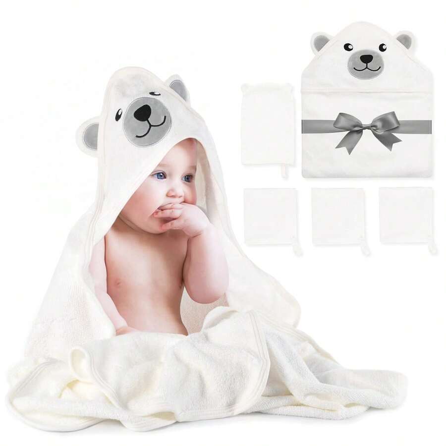 Momcozy Baby Bath Towel Set, Conjunto de toalhas de bebê de 8 peças, 2 toalhas com capuz para bebê 76 x 76 cm e 6 toalhas de rosto para bebê 24 x 24 cm, toalha de bebê com capuz para recém-nascidos, macia e superabsorvente, unissex - Branco - Ver 1
