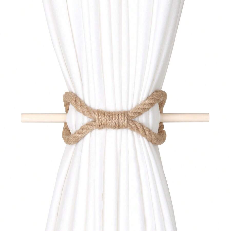 1pc Shower Curtain Tie Back, Handmade Jute Rope Drapery Holdback With Solid Wood Decoration - Brown - View 1