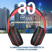 Worwoder 藍牙耳罩式耳機,80小時電池續航力無線耳機帶麥克風,可折疊輕量化深度低音hifi立體聲音質,適用於旅行工作pc手機 - 紅色 - 查看 3