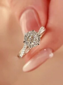 CVNANA 1 Nhẫn Đính Hôn Zirconium Hở Với Viên Kim Cương Lớn Dành Cho Nữ, Quà Tặng Ngày Lễ Tình Nhân - Bạc - Xem 3